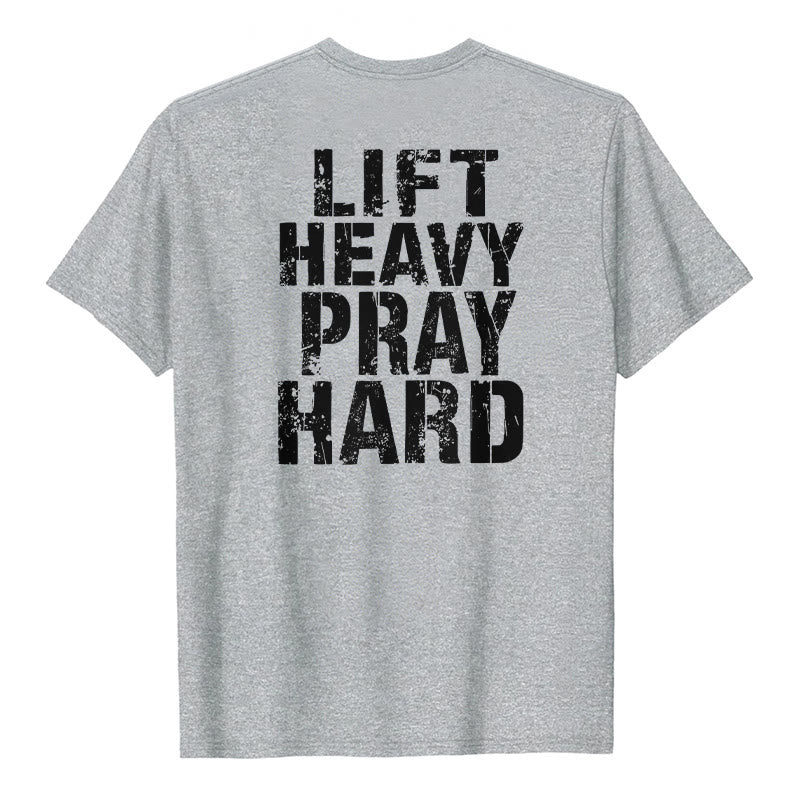 Christianartworkshop T-shirt classique à imprimé lettres vieillies « Heavy Pray Hard » imprimé sur les deux faces - Gris - 2XL - image 9