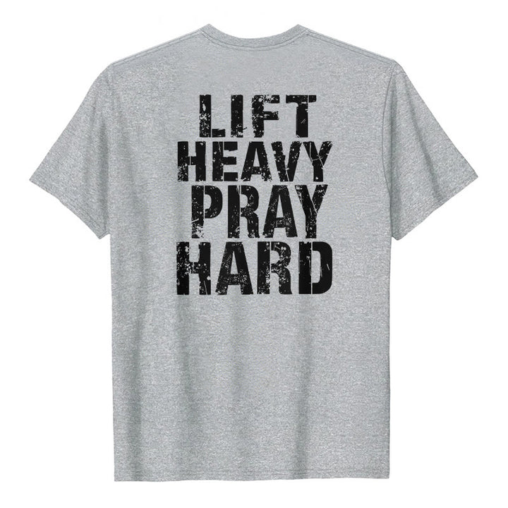 Christianartworkshop T-shirt classique à imprimé lettres vieillies « Heavy Pray Hard » imprimé sur les deux faces - Gris - 2XL - image 9