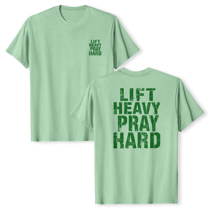Christianartworkshop T-shirt classique à imprimé lettres vieillies « Heavy Pray Hard » imprimé sur les deux faces - image 25