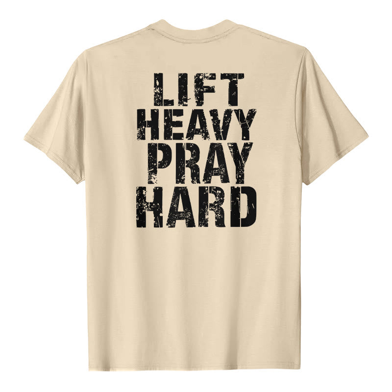 Christianartworkshop T-shirt classique à imprimé lettres vieillies « Heavy Pray Hard » imprimé sur les deux faces - Beige - 2XL - image 6