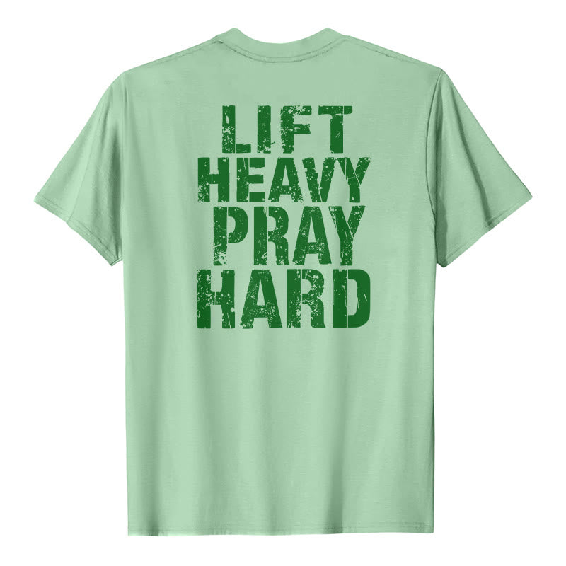 Christianartworkshop T-shirt classique à imprimé lettres vieillies « Heavy Pray Hard » imprimé sur les deux faces - Vert clair - 2XL - image 24