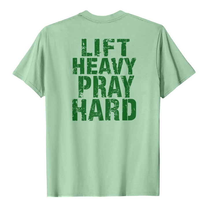 Christianartworkshop T-shirt classique à imprimé lettres vieillies « Heavy Pray Hard » imprimé sur les deux faces - Vert clair - 2XL - image 24
