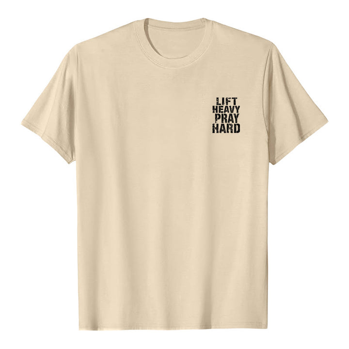 Christianartworkshop T-shirt classique à imprimé lettres vieillies « Heavy Pray Hard » imprimé sur les deux faces - image 8