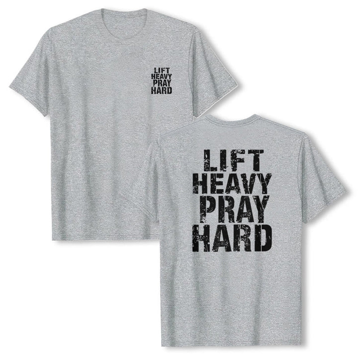 Christianartworkshop T-shirt classique à imprimé lettres vieillies « Heavy Pray Hard » imprimé sur les deux faces - image 10
