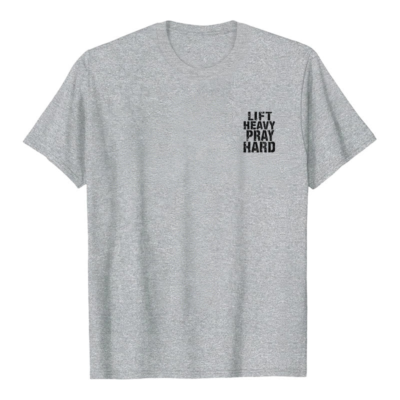 Christianartworkshop T-shirt classique à imprimé lettres vieillies « Heavy Pray Hard » imprimé sur les deux faces - image 11