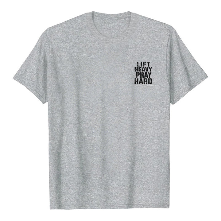 Christianartworkshop T-shirt classique à imprimé lettres vieillies « Heavy Pray Hard » imprimé sur les deux faces - image 11
