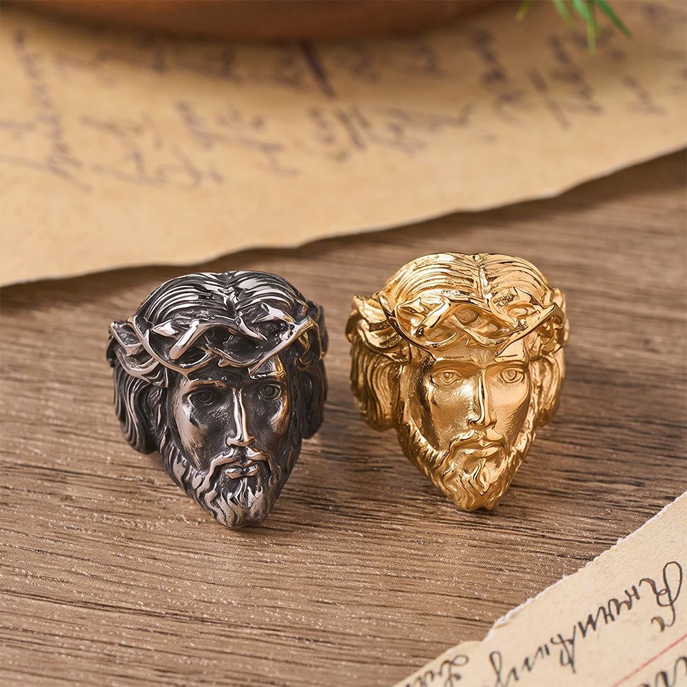Christianartworkshop Bague imposante en métal bicolore, ornée d'une couronne d'épines en relief massif et d'un portrait sacré : emblème de la miséricorde céleste infinie - image 0