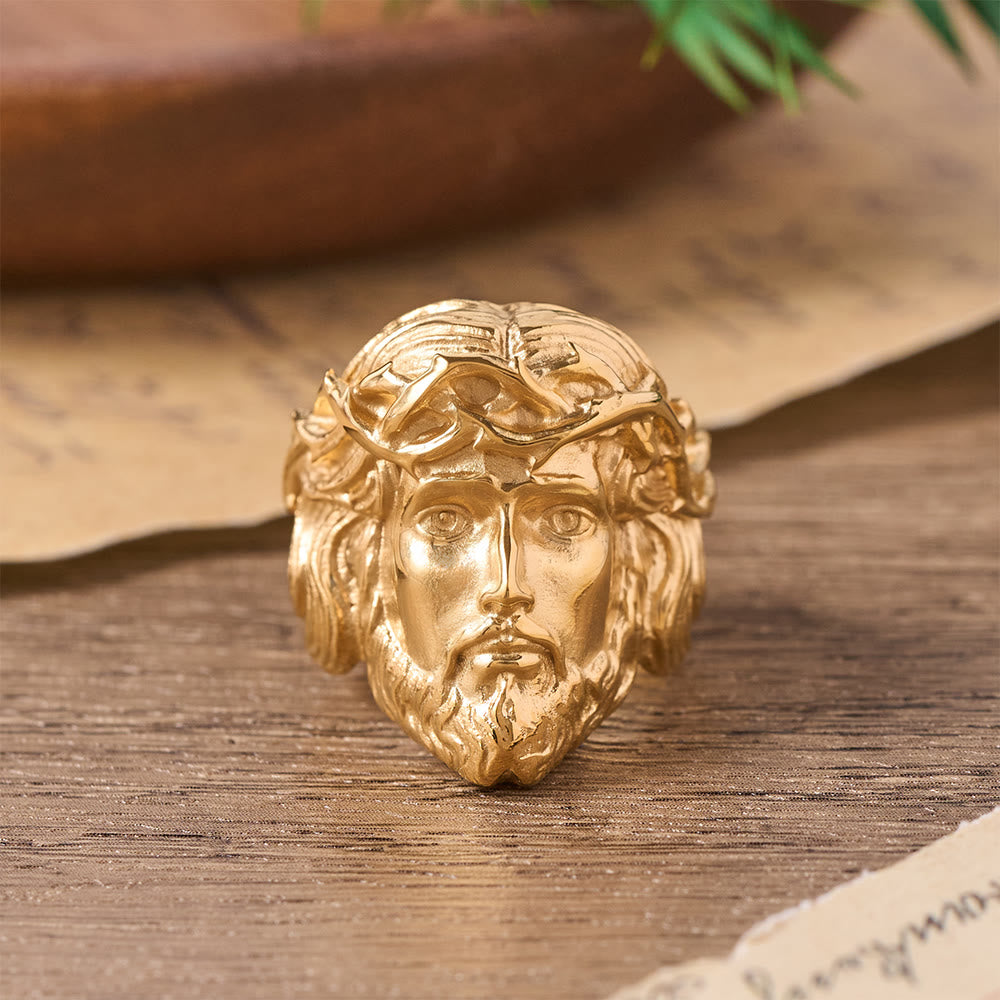 Christianartworkshop Bague imposante en métal bicolore, ornée d'une couronne d'épines en relief massif et d'un portrait sacré : emblème de la miséricorde céleste infinie - Doré - US 13 - image 1