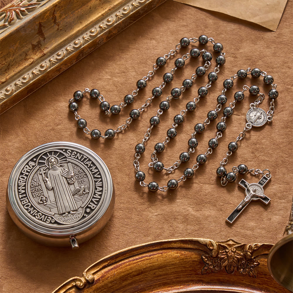 Christianartworkshop Chapelet portable en hématite de Saint Benoît avec étui de rangement en métal gravé - Chapelet et coffret de Saint Benoît - image 0
