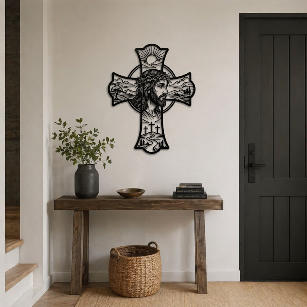 Christianartworkshop Décoration murale en métal découpé au laser représentant une triple croix et une couronne d'épines, symbole de Jésus : Embaume les coins de prière d'une douce chaleur divine. - image 1