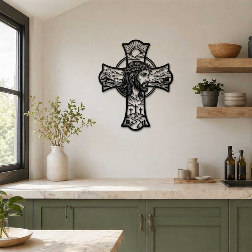 Christianartworkshop Décoration murale en métal découpé au laser représentant une triple croix et une couronne d'épines, symbole de Jésus : Embaume les coins de prière d'une douce chaleur divine. - image 2