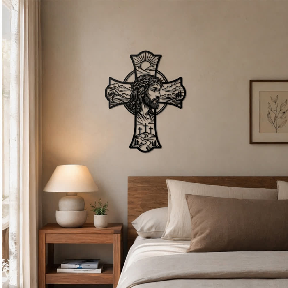 Christianartworkshop Décoration murale en métal découpé au laser représentant une triple croix et une couronne d'épines, symbole de Jésus : Embaume les coins de prière d'une douce chaleur divine. - image 6
