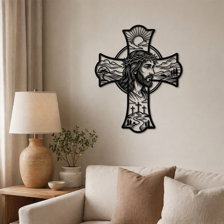 Christianartworkshop Décoration murale en métal découpé au laser représentant une triple croix et une couronne d'épines, symbole de Jésus : Embaume les coins de prière d'une douce chaleur divine. - image 7