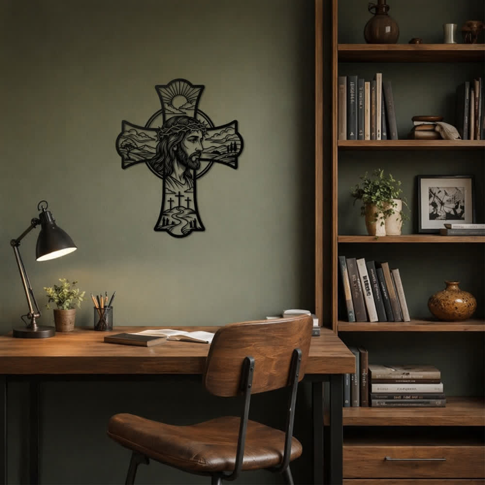 Christianartworkshop Décoration murale en métal découpé au laser représentant une triple croix et une couronne d'épines, symbole de Jésus : Embaume les coins de prière d'une douce chaleur divine. - image 5