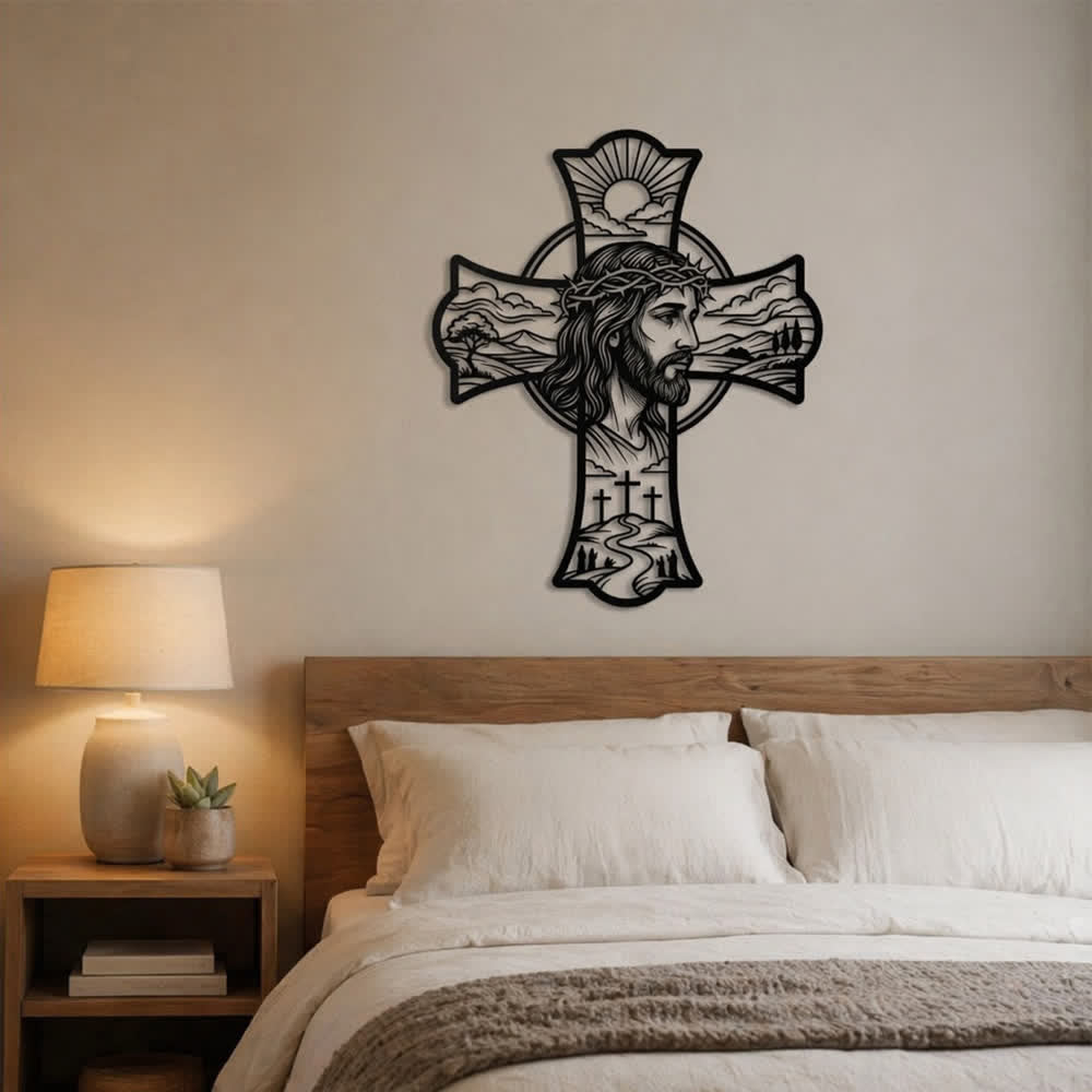 Christianartworkshop Décoration murale en métal découpé au laser représentant une triple croix et une couronne d'épines, symbole de Jésus : Embaume les coins de prière d'une douce chaleur divine. - image 4