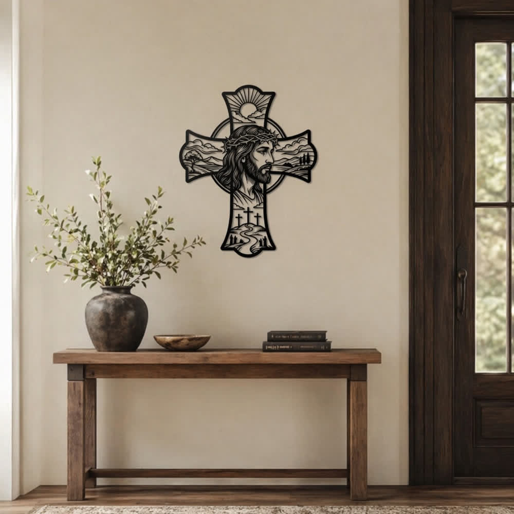 Christianartworkshop Décoration murale en métal découpé au laser représentant une triple croix et une couronne d'épines, symbole de Jésus : Embaume les coins de prière d'une douce chaleur divine. - image 3