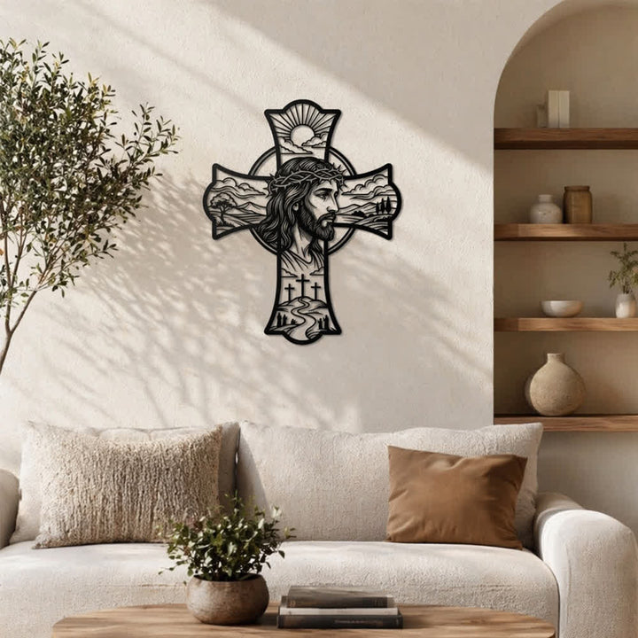 Christianartworkshop Décoration murale en métal découpé au laser représentant une triple croix et une couronne d'épines, symbole de Jésus : Embaume les coins de prière d'une douce chaleur divine. - image 8