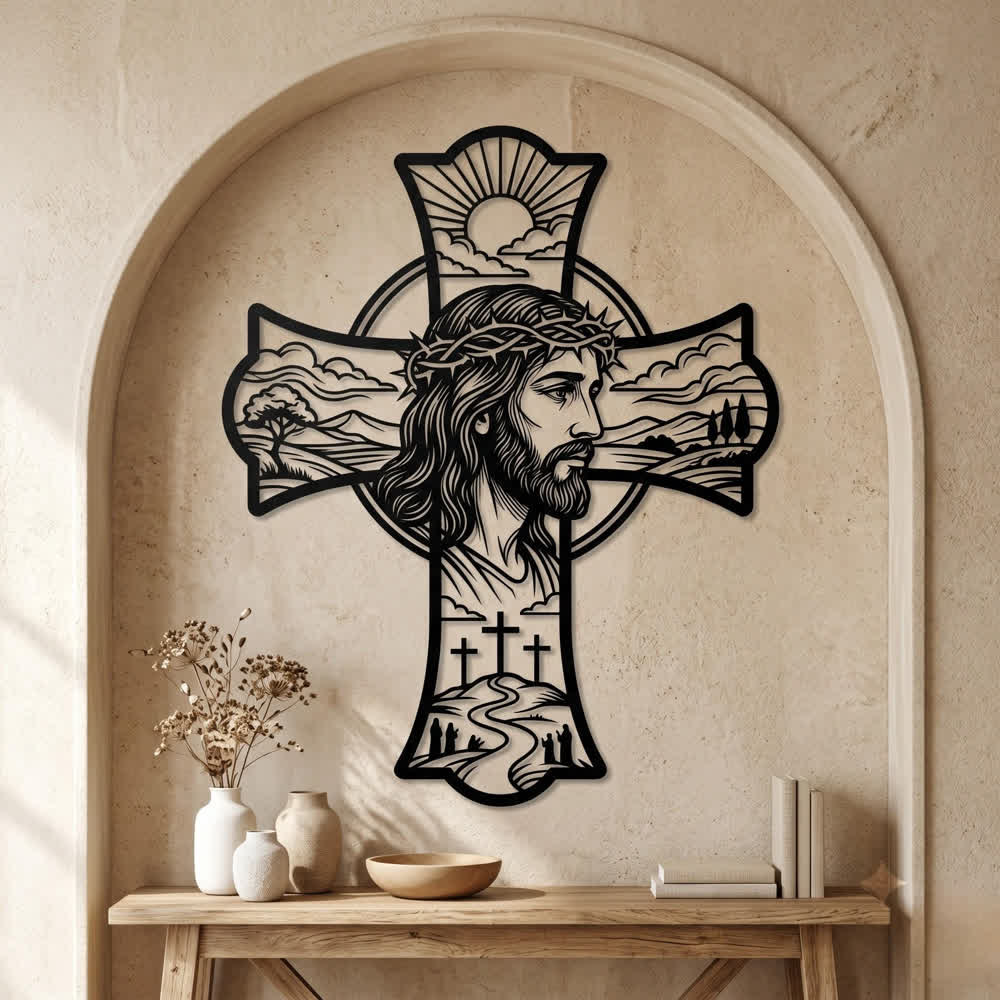 Christianartworkshop Décoration murale en métal découpé au laser représentant une triple croix et une couronne d'épines, symbole de Jésus : Embaume les coins de prière d'une douce chaleur divine. - image 0