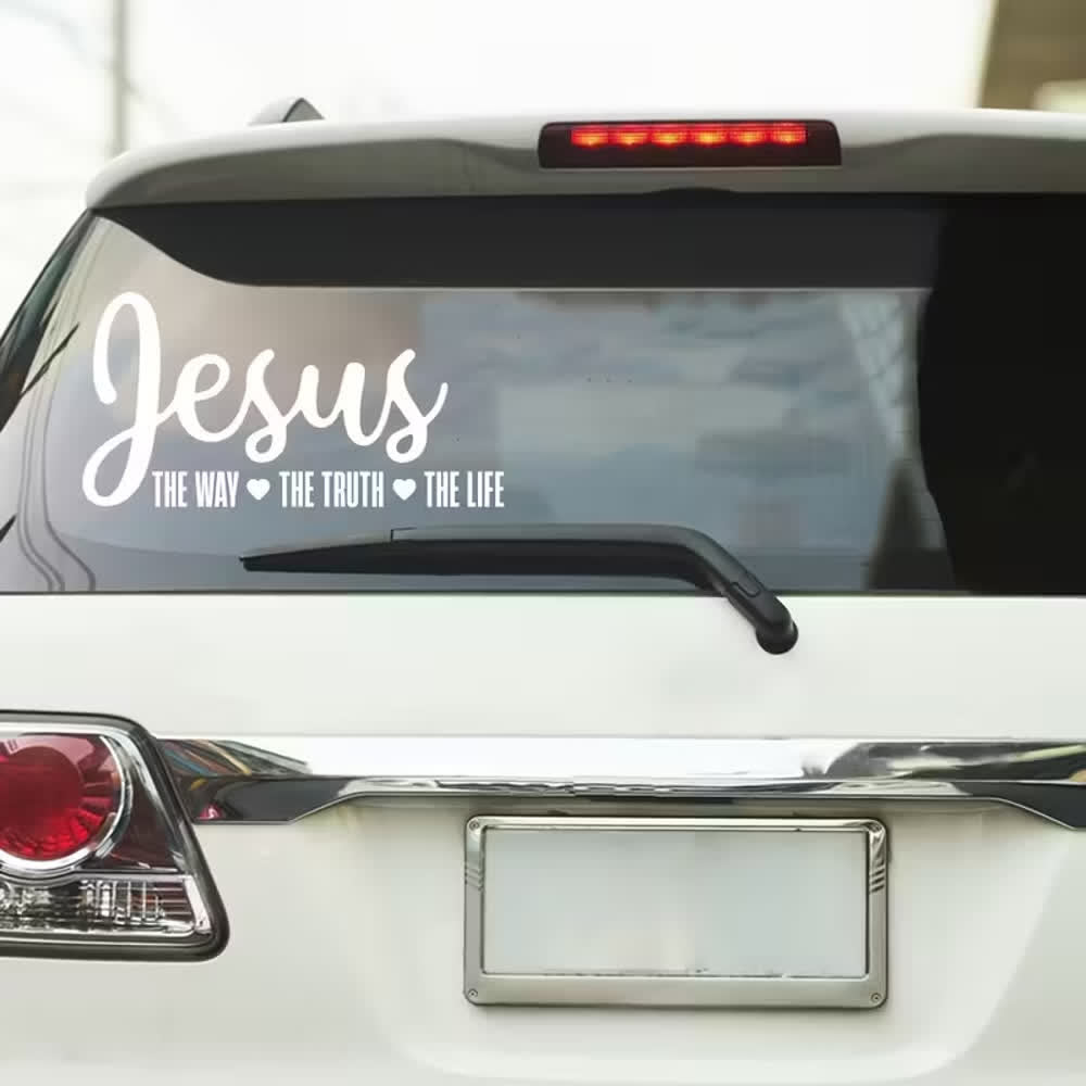Christianartworkshop Autocollant de vitre de voiture avec l'inscription « Jésus en écriture cursive : Le Chemin, la Vérité, la Vie » et un cœur. - image 1