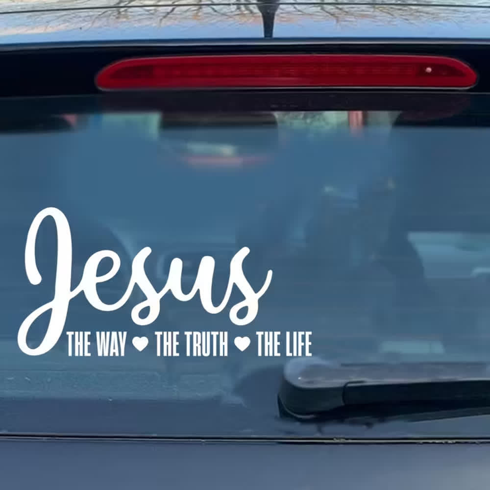 Christianartworkshop Autocollant de vitre de voiture avec l'inscription « Jésus en écriture cursive : Le Chemin, la Vérité, la Vie » et un cœur. - Blanc - image 0