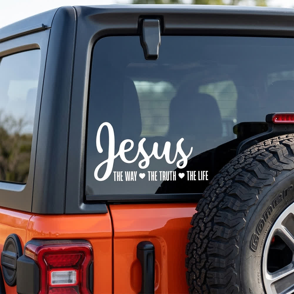 Christianartworkshop Autocollant de vitre de voiture avec l'inscription « Jésus en écriture cursive : Le Chemin, la Vérité, la Vie » et un cœur. - image 2