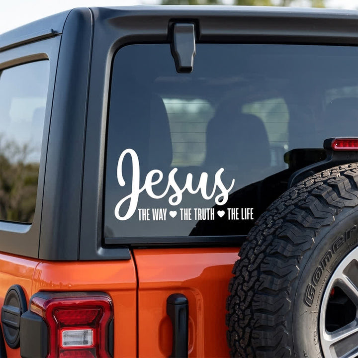 Christianartworkshop Autocollant de vitre de voiture avec l'inscription « Jésus en écriture cursive : Le Chemin, la Vérité, la Vie » et un cœur. - image 2