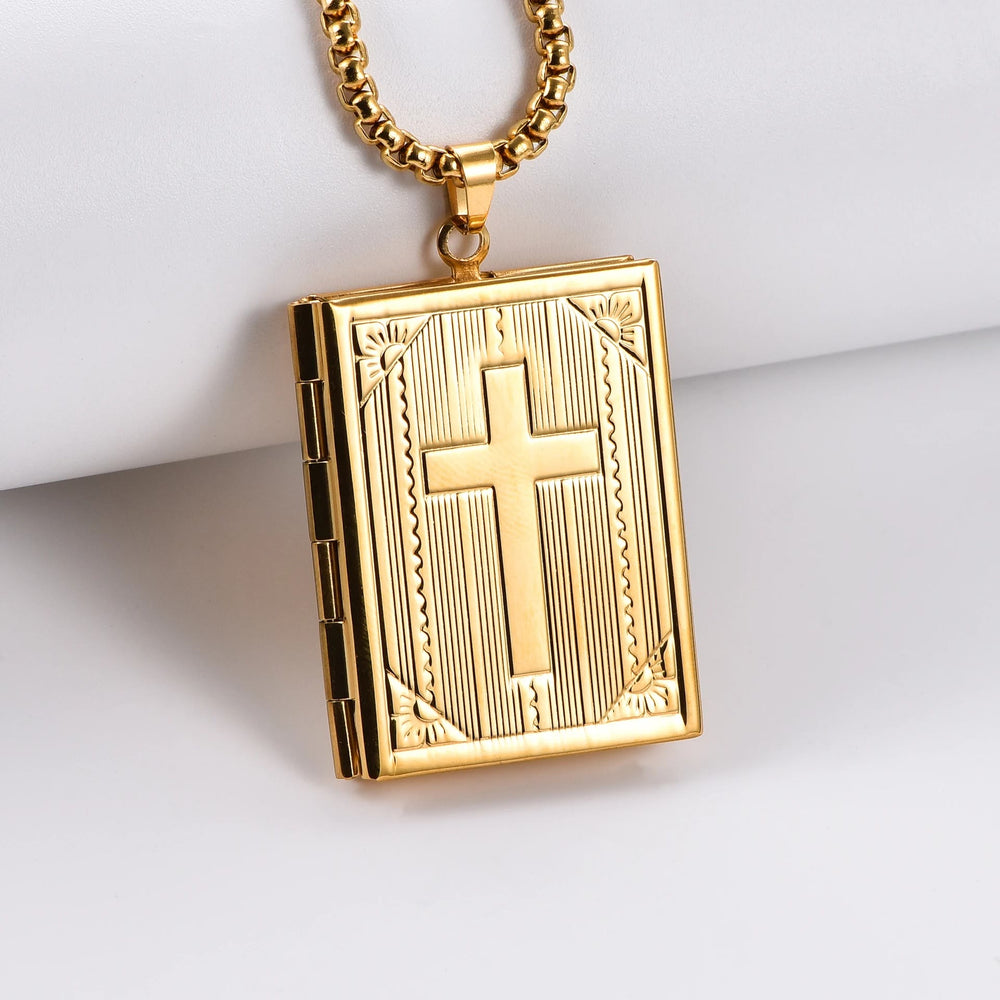 Christianartworkshop Collier pendentif croix de Jésus en médaillon livre à charnière - Doré - image 1