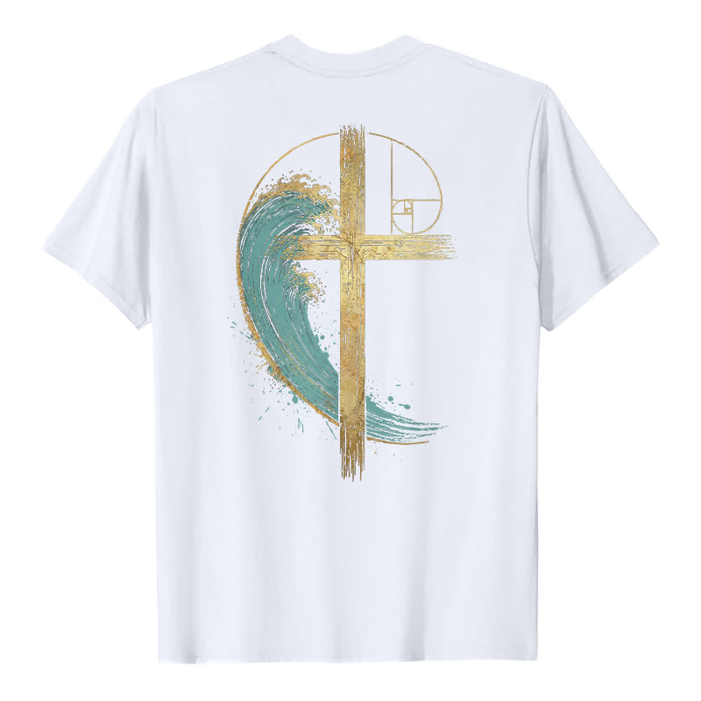 Christianartworkshop T-shirt classique imprimé recto-verso avec motif de la vague de Fibonacci et croix d'or - image 7