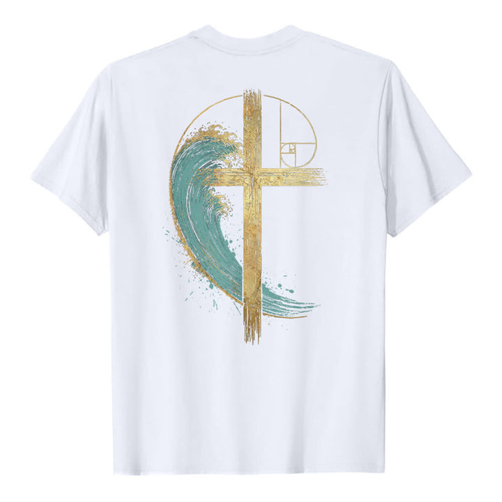 Christianartworkshop T-shirt classique imprimé recto-verso avec motif de la vague de Fibonacci et croix d'or - image 7