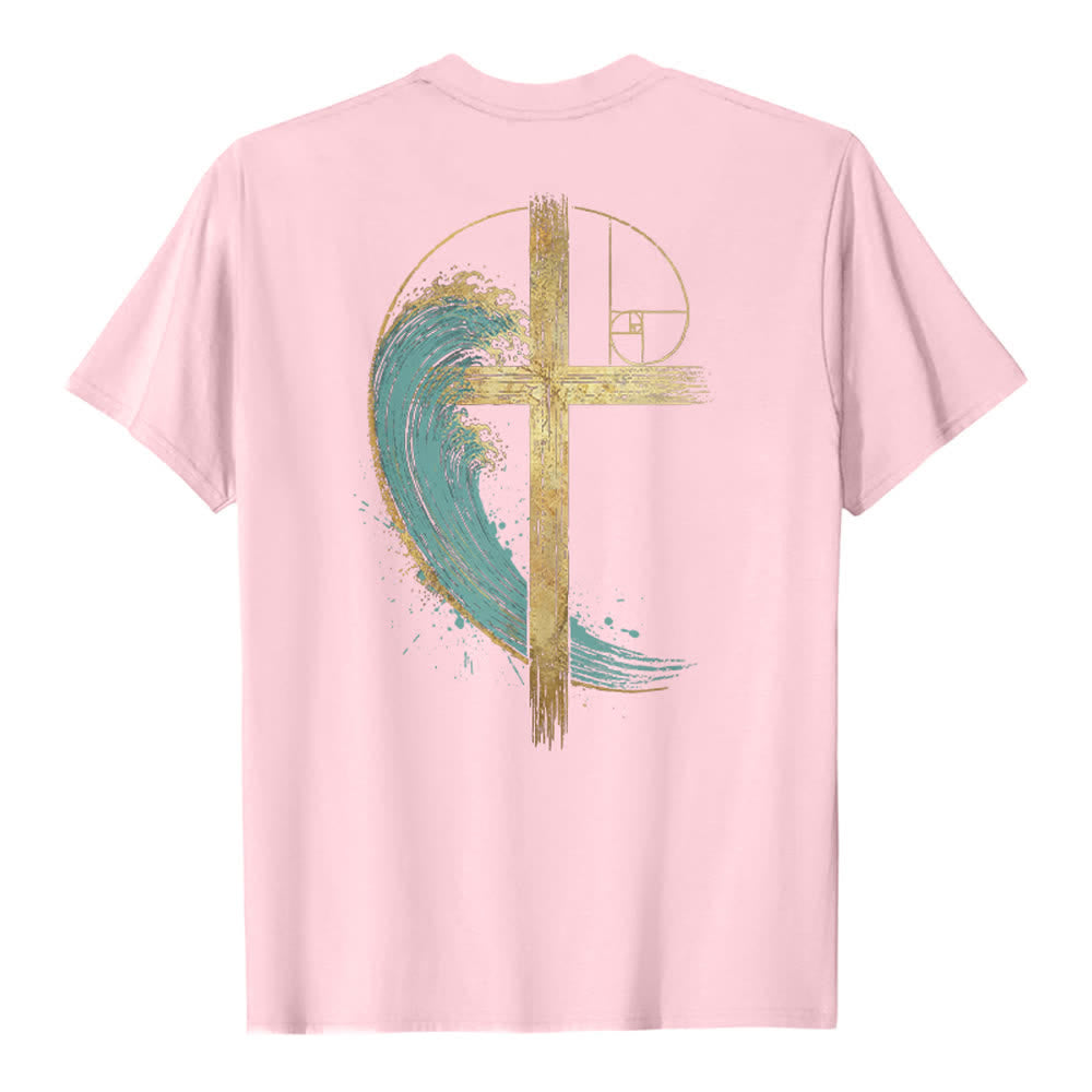 Christianartworkshop T-shirt classique imprimé recto-verso avec motif de la vague de Fibonacci et croix d'or - image 4