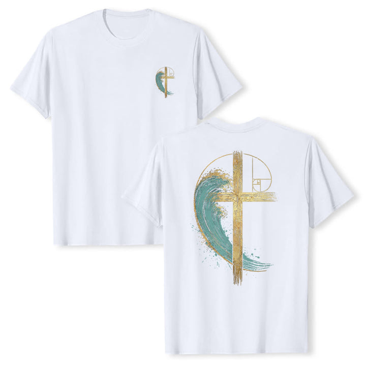 Christianartworkshop T-shirt classique imprimé recto-verso avec motif de la vague de Fibonacci et croix d'or - Blanc - 2XL - image 6