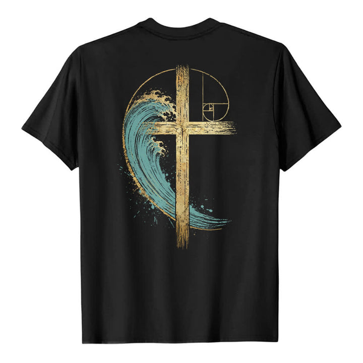 Christianartworkshop T-shirt classique imprimé recto-verso avec motif de la vague de Fibonacci et croix d'or - image 19
