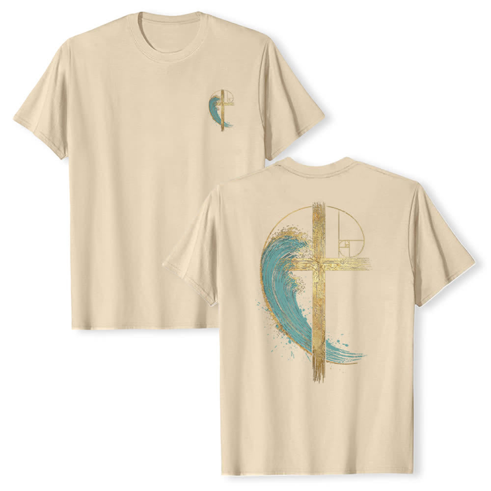 Christianartworkshop T-shirt classique imprimé recto-verso avec motif de la vague de Fibonacci et croix d'or - Beige - 2XL - image 9