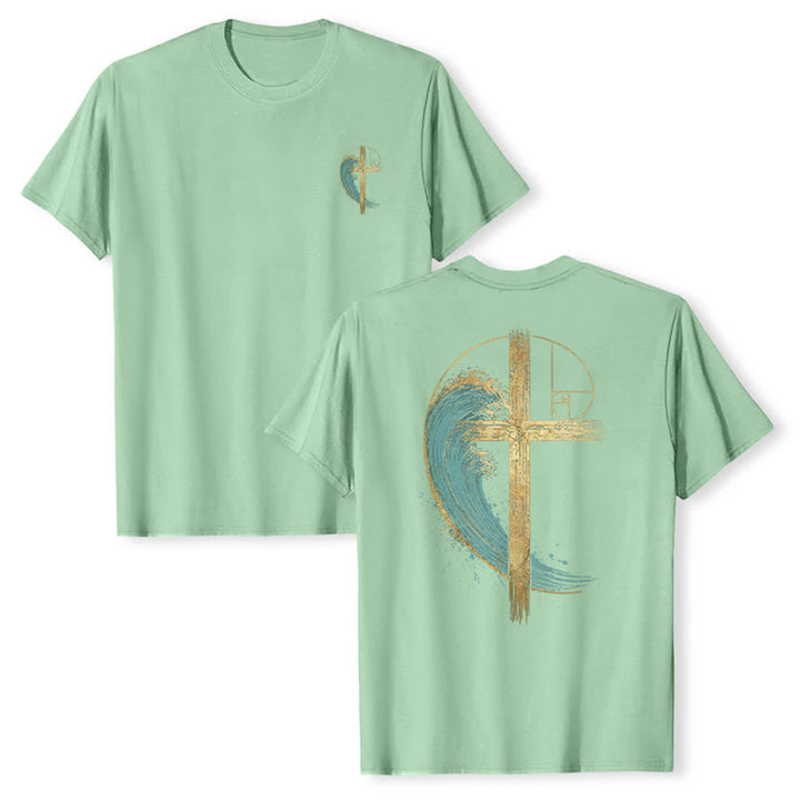 Christianartworkshop T-shirt classique imprimé recto-verso avec motif de la vague de Fibonacci et croix d'or - Vert clair - 2XL - image 0