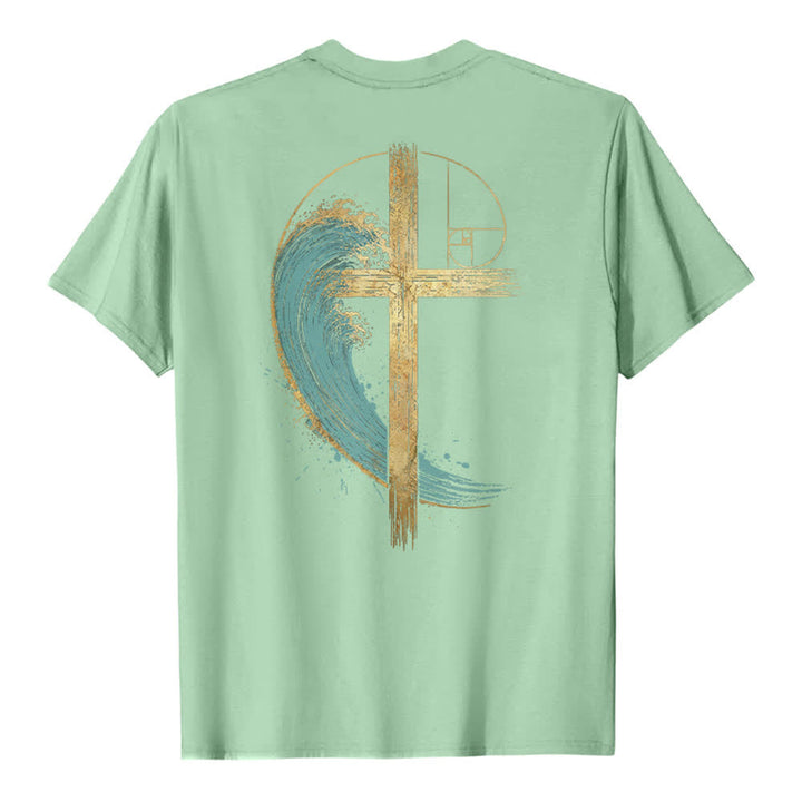 Christianartworkshop T-shirt classique imprimé recto-verso avec motif de la vague de Fibonacci et croix d'or - image 1