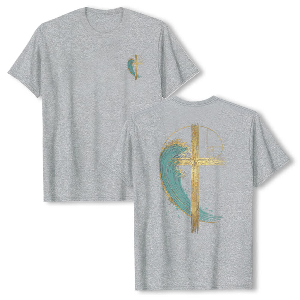 Christianartworkshop T-shirt classique imprimé recto-verso avec motif de la vague de Fibonacci et croix d'or - Gris - 2XL - image 12