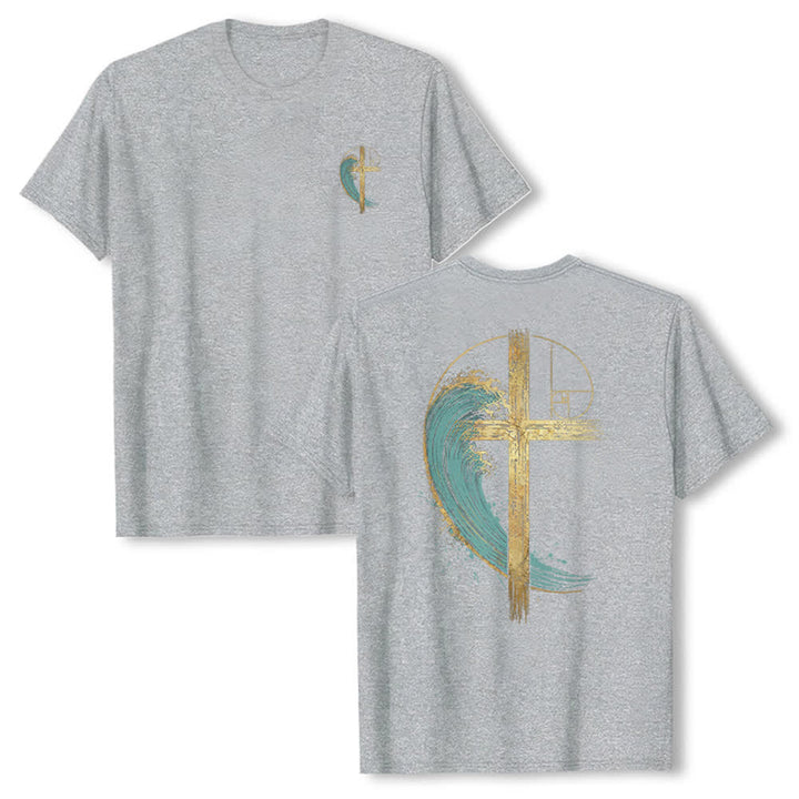 Christianartworkshop T-shirt classique imprimé recto-verso avec motif de la vague de Fibonacci et croix d'or - Gris - 2XL - image 12
