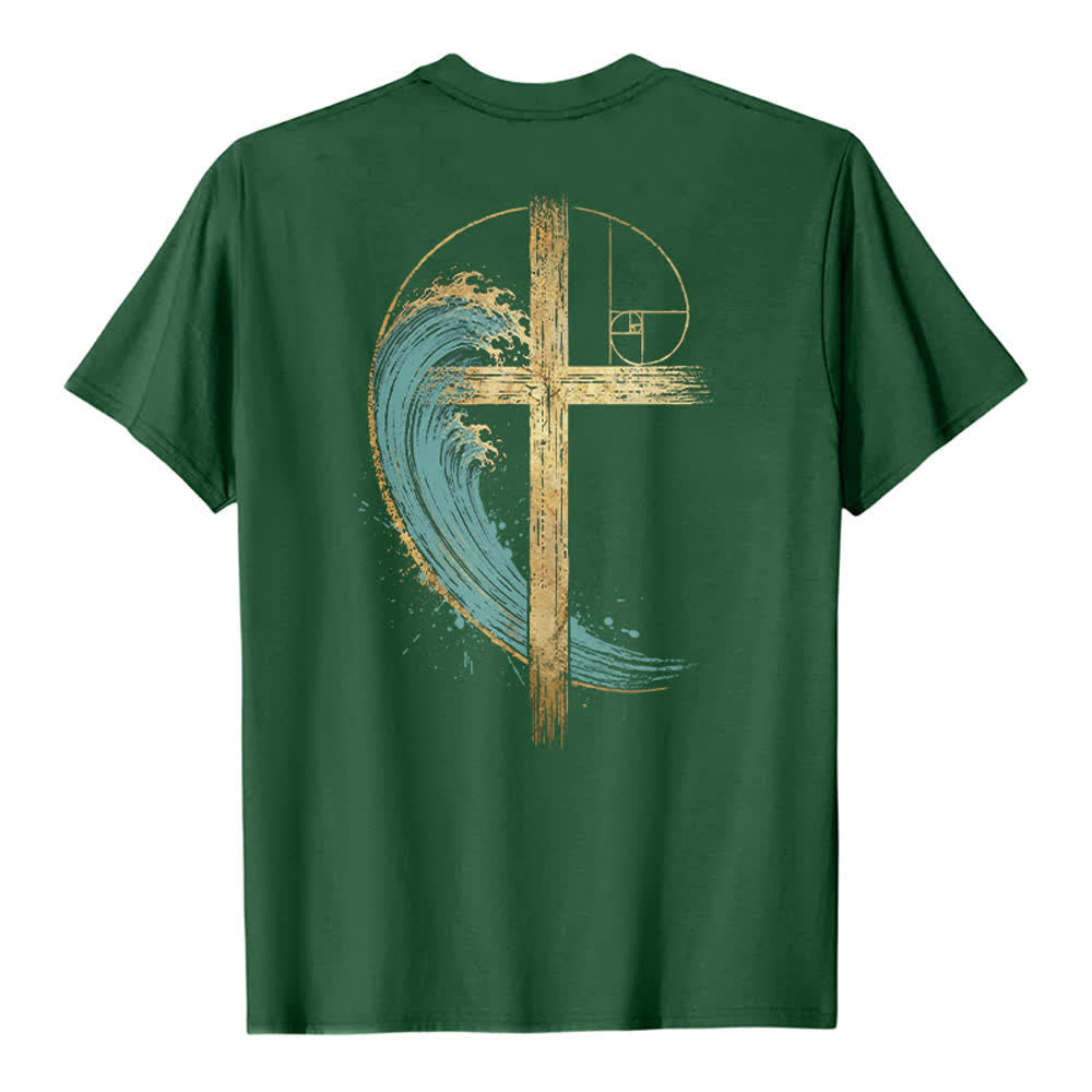 Christianartworkshop T-shirt classique imprimé recto-verso avec motif de la vague de Fibonacci et croix d'or - image 16
