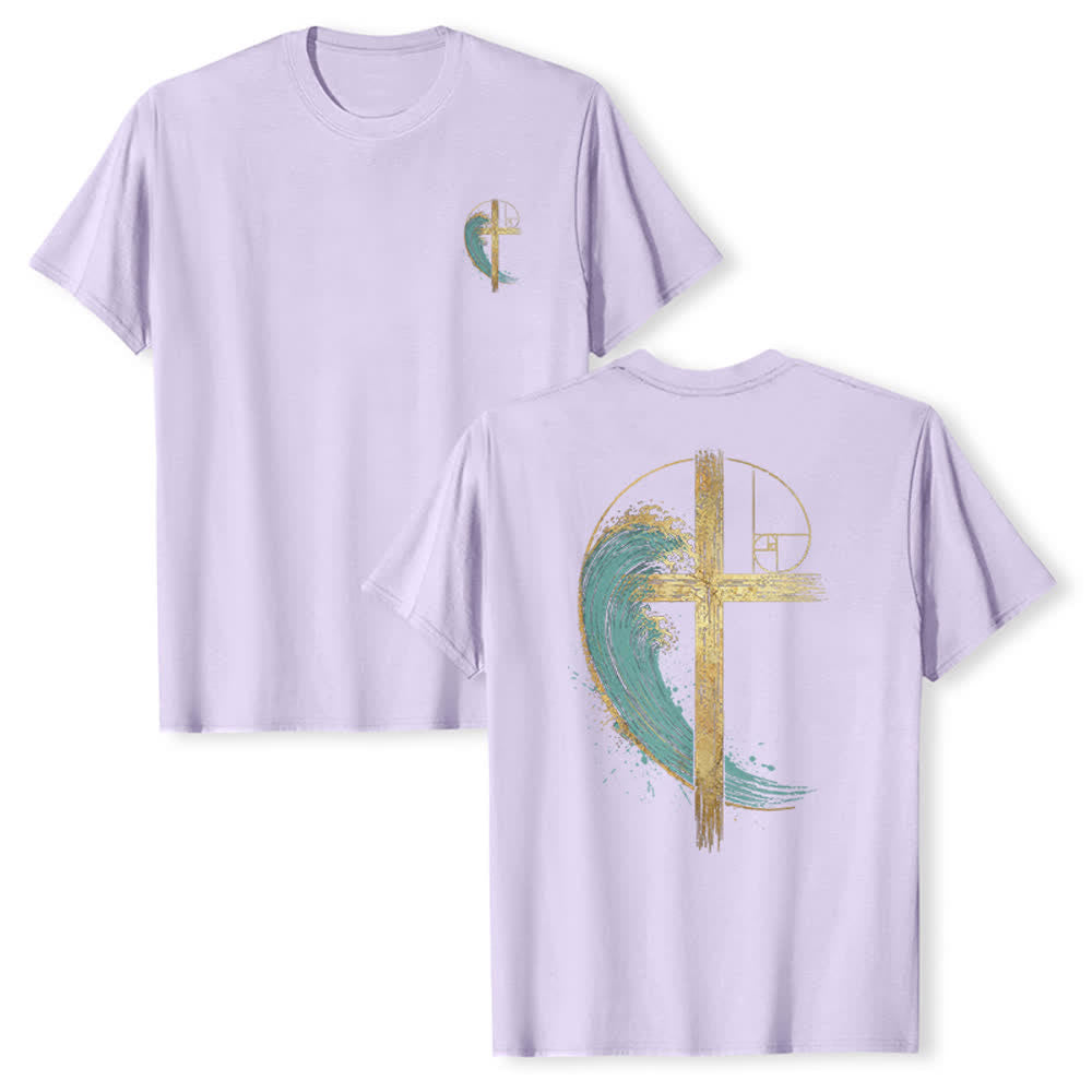 Christianartworkshop T-shirt classique imprimé recto-verso avec motif de la vague de Fibonacci et croix d'or - Violet - 2XL - image 24