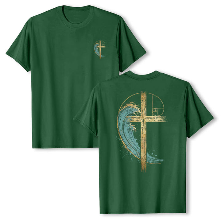 Christianartworkshop T-shirt classique imprimé recto-verso avec motif de la vague de Fibonacci et croix d'or - Vert foncé - 2XL - image 15