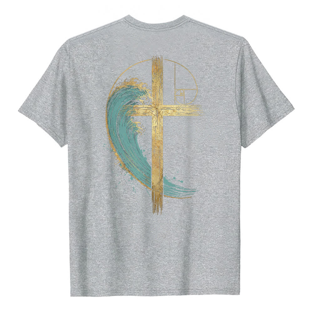 Christianartworkshop T-shirt classique imprimé recto-verso avec motif de la vague de Fibonacci et croix d'or - image 13