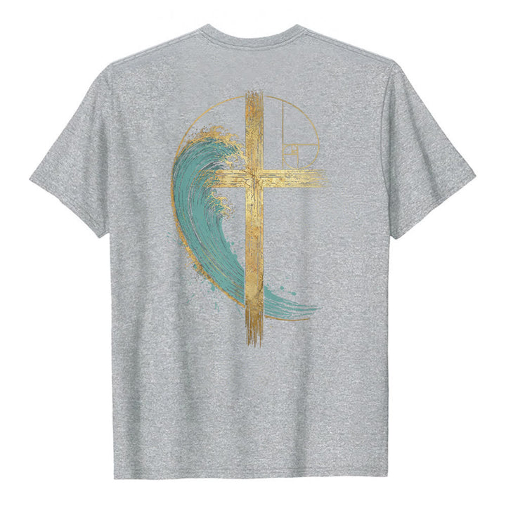 Christianartworkshop T-shirt classique imprimé recto-verso avec motif de la vague de Fibonacci et croix d'or - image 13
