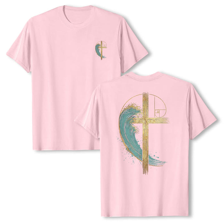 Christianartworkshop T-shirt classique imprimé recto-verso avec motif de la vague de Fibonacci et croix d'or - Rose - 2XL - image 3