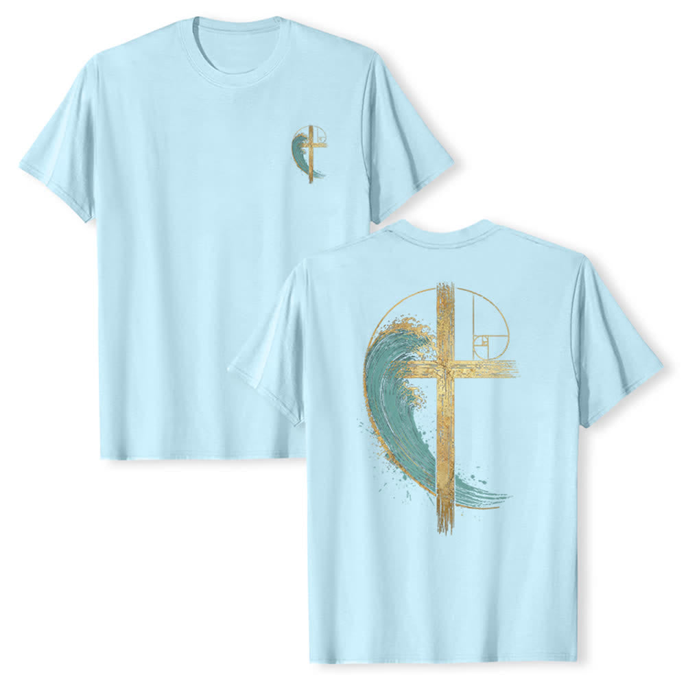 Christianartworkshop T-shirt classique imprimé recto-verso avec motif de la vague de Fibonacci et croix d'or - Bleu - 2XL - image 21