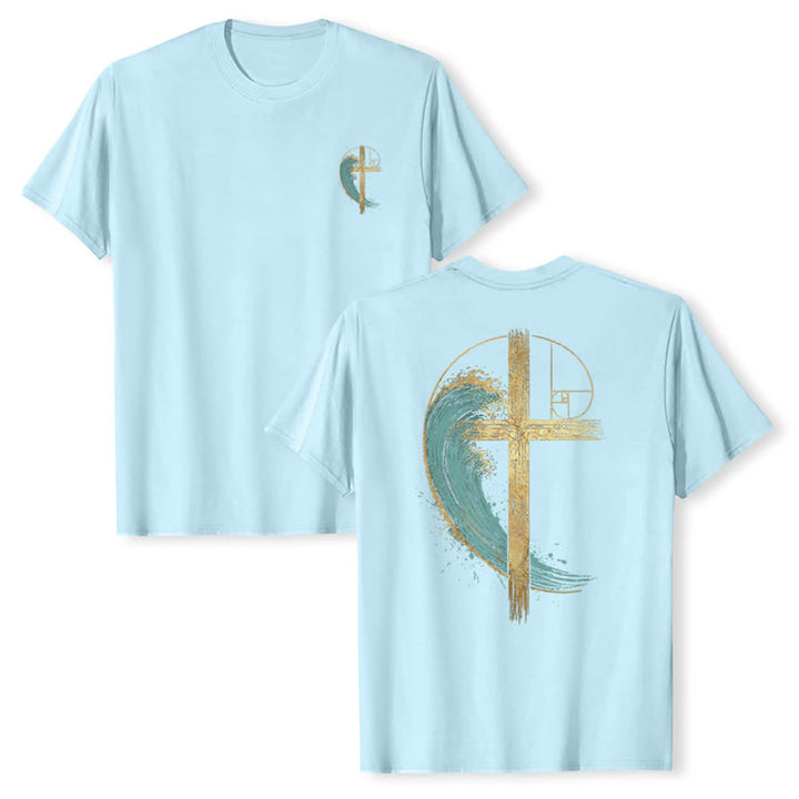 Christianartworkshop T-shirt classique imprimé recto-verso avec motif de la vague de Fibonacci et croix d'or - Bleu - 2XL - image 21