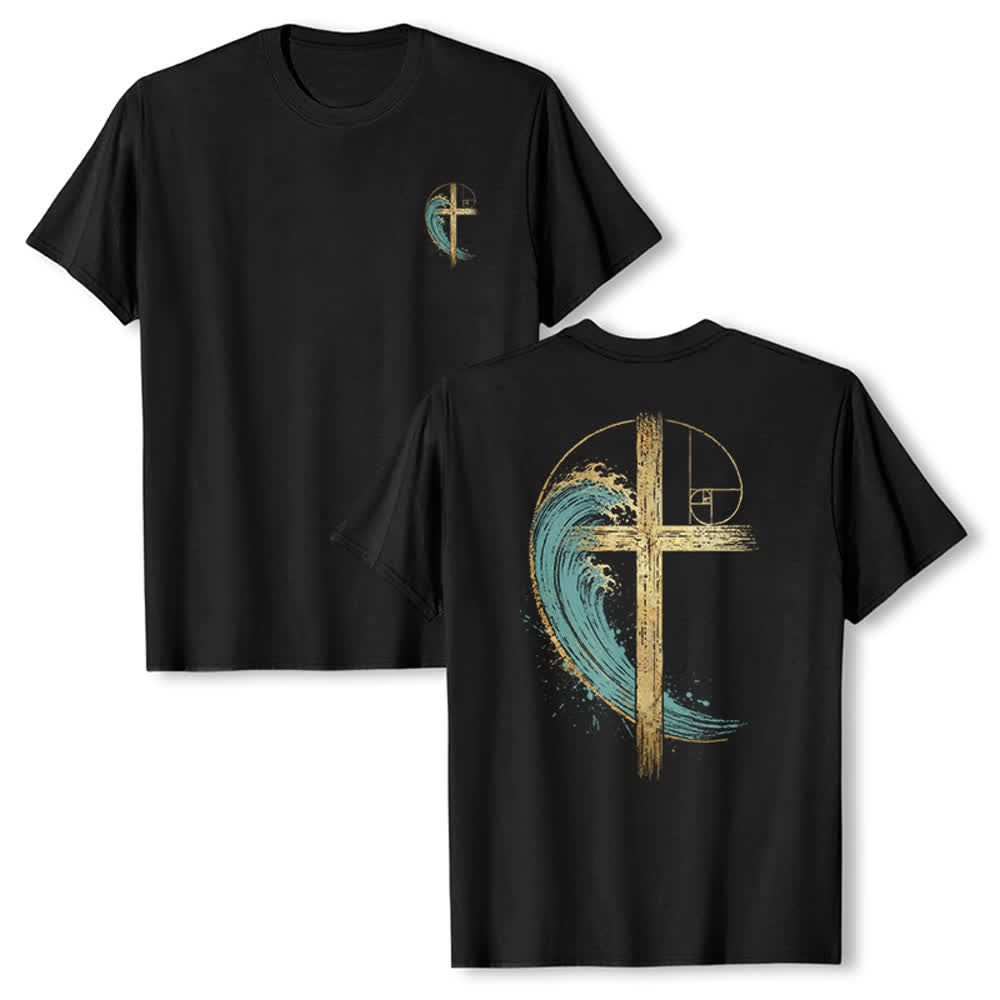 Christianartworkshop T-shirt classique imprimé recto-verso avec motif de la vague de Fibonacci et croix d'or - Noir - 2XL - image 18