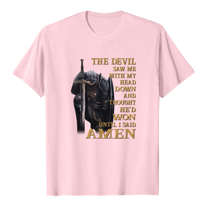 T-shirt classique imprimé « Guerrier agenouillé, le diable pensait avoir gagné jusqu'à ce que je dise Amen » de Christianartworkshop - Rose - 2XL - image 2