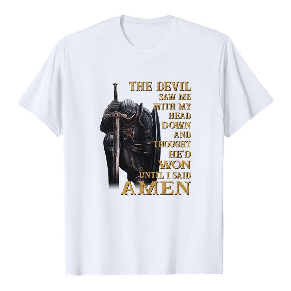 T-shirt classique imprimé « Guerrier agenouillé, le diable pensait avoir gagné jusqu'à ce que je dise Amen » de Christianartworkshop - Blanc - 2XL - image 3