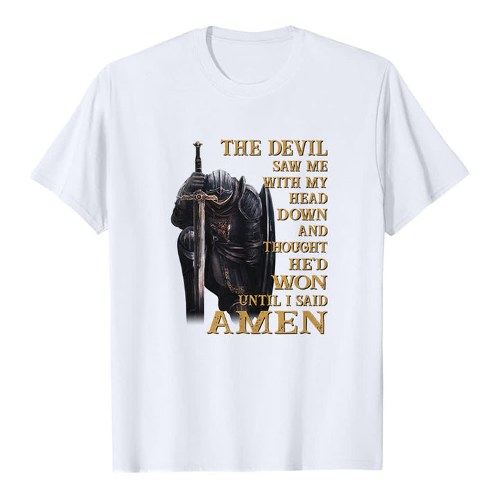 T-shirt classique imprimé « Guerrier agenouillé, le diable pensait avoir gagné jusqu'à ce que je dise Amen » de Christianartworkshop - Blanc - 2XL - image 3