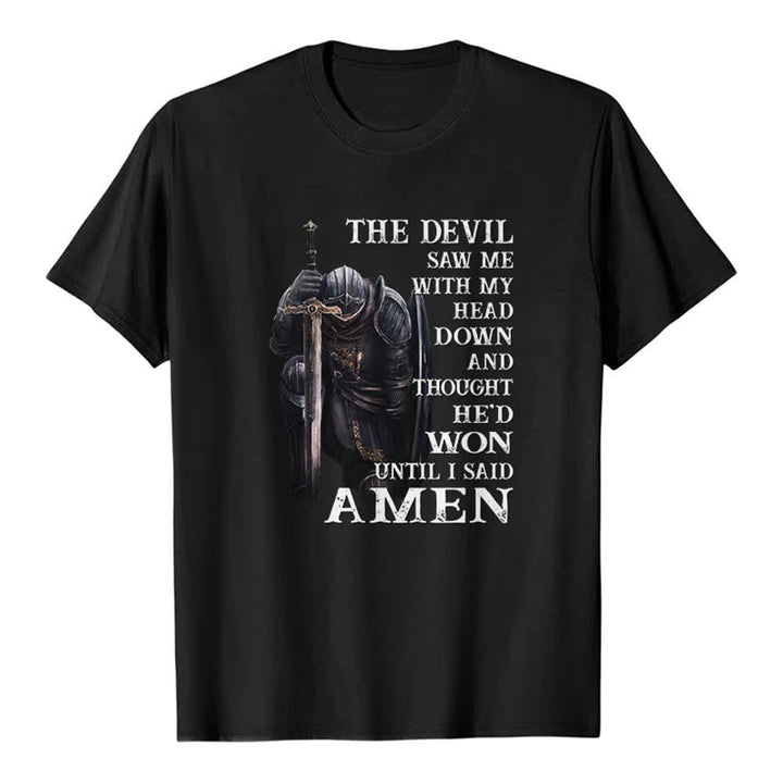 T-shirt classique imprimé « Guerrier agenouillé, le diable pensait avoir gagné jusqu'à ce que je dise Amen » de Christianartworkshop - Noir - 2XL - image 7